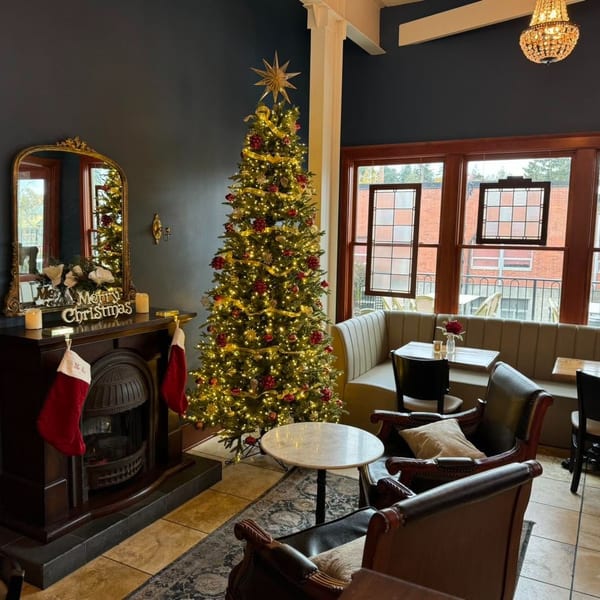 Cozy restaurant interior decorated for Christmas with a fireplace, tree, and window seating.