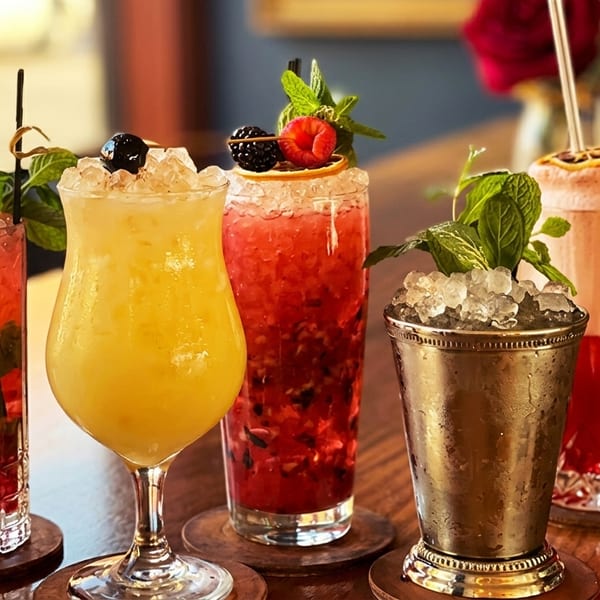 Five colorful cocktails with ice, fruit, and mint garnishes on a wooden table.