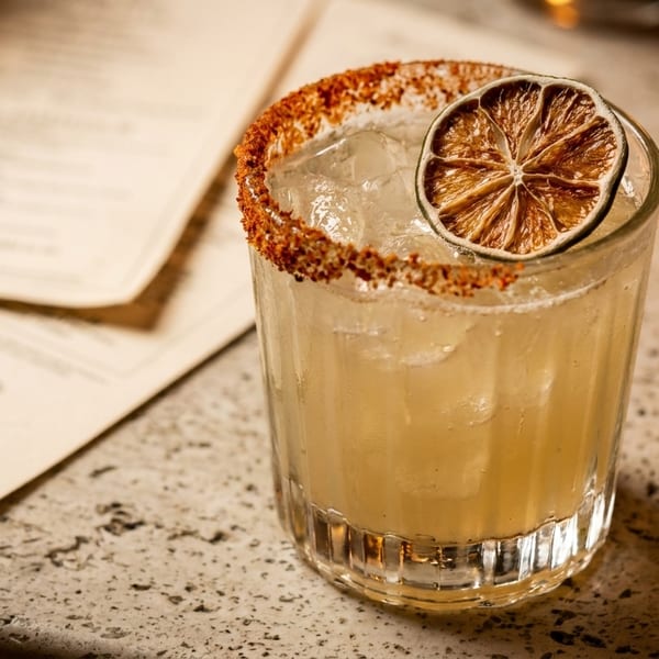 A cocktail with a chili-salt rim and a dried lime slice, next to a menu.
