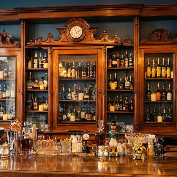 A well-stocked wooden bar with liquor bottles, oranges, and glassware, against a dark blue wall.